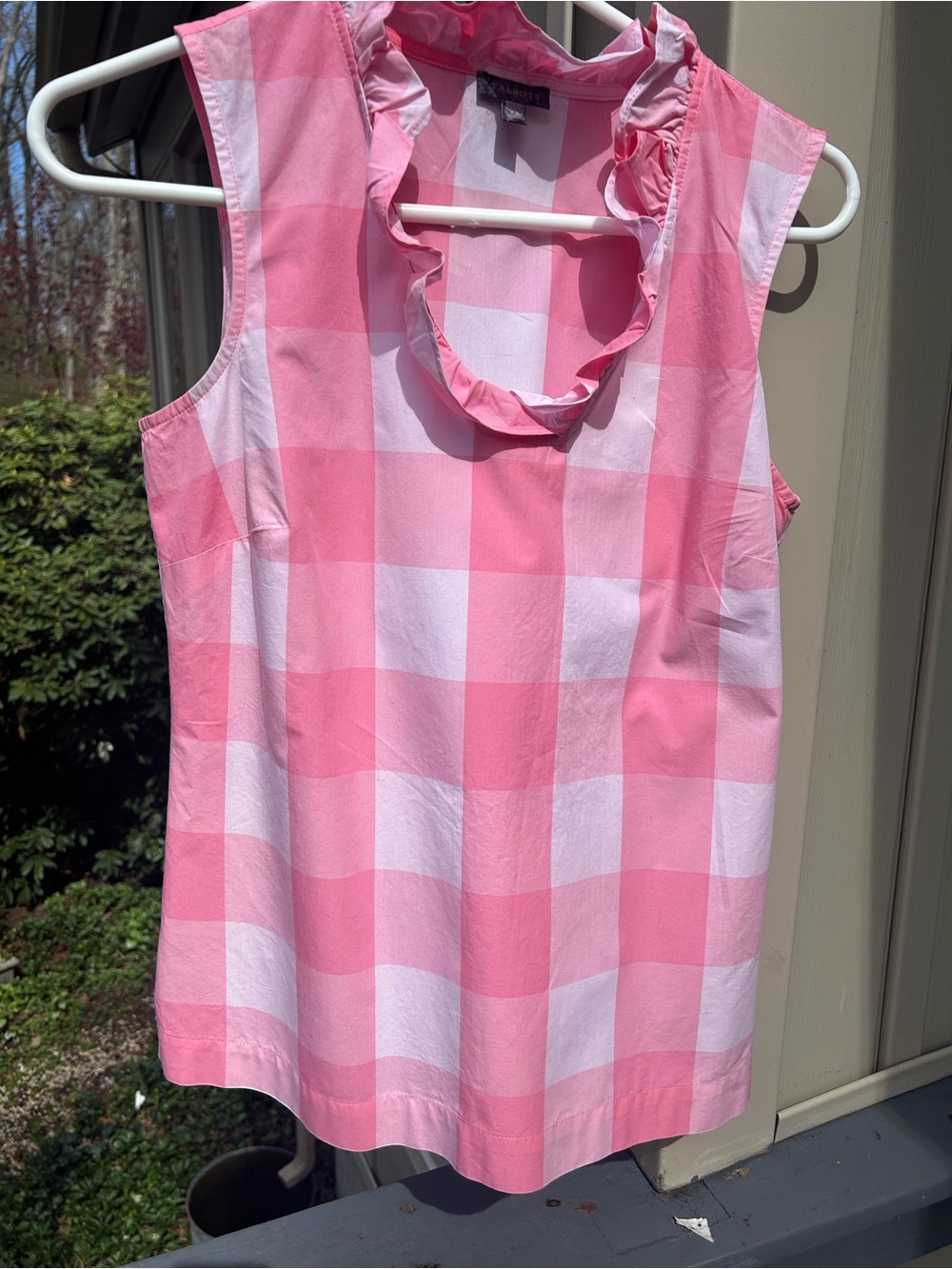 Talbots Pink Buffalo Check Sleeveless Ruffle Neck Top